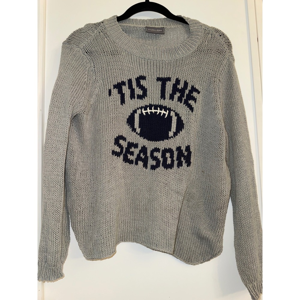Wooden Ships Tis The Season Football Knit Sweater Gray Navy Blue XS/S